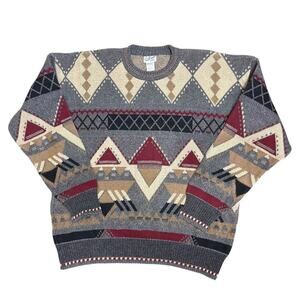 Vintage 90's Pullover Sweater Tribal Checker Knit Grandpa Dad Red Gray Large